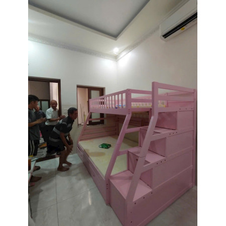 EU192 - Pink : Giường 2 Tầng, 2 Hộc Kéo + Cầu Thang Đảo Chiều, Giá Sách - Trên 1m / Dưới 1m4
